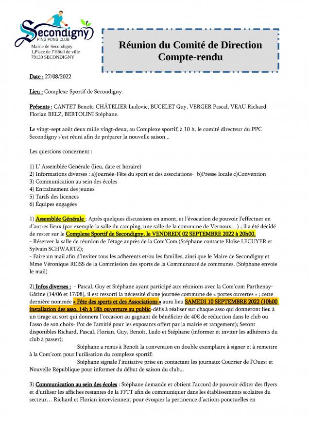 Compte rendu du comité de direction le 27 - 08 - 2022