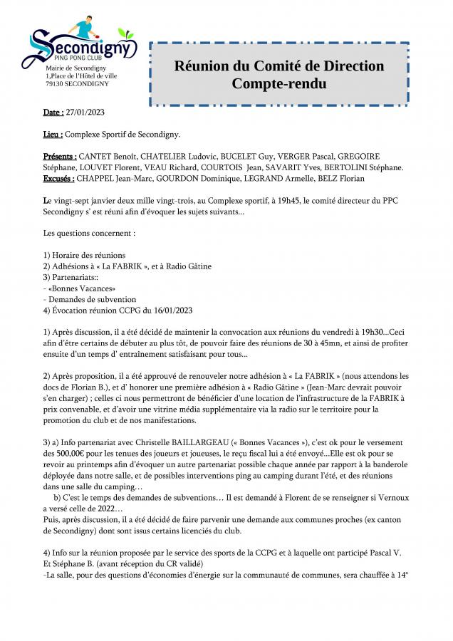 Compte rendu du comité de direction le 27/01/2023