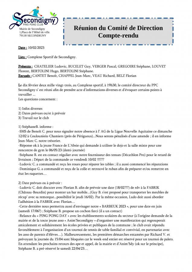 Compte rendu du comité de direction le 10/02/2023