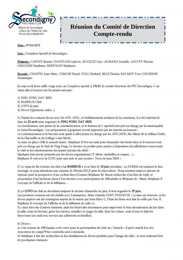 Compte rendu du comité de direction le 07/04/2023